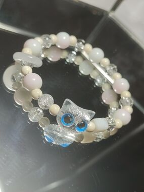 Handmade Pink & Cream Glass Bead Owl Bracelet